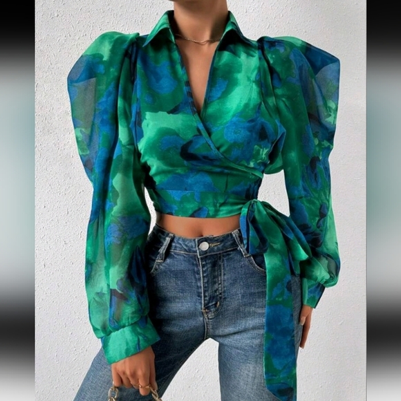 Tops - Puff Sleeve Wrap Knotted Shirt